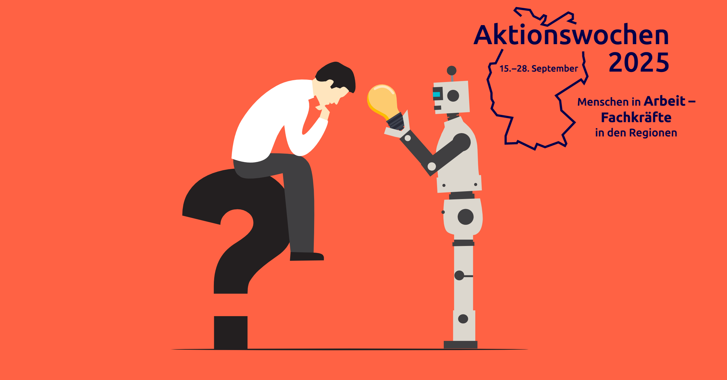 Figur auf einem Fragezeichen, davor ein humanoider Roboter mit leuchtender Glühbirne Figur auf einem Fragezeichen, davor ein humanoider Roboter mit leuchtender Glühbirne