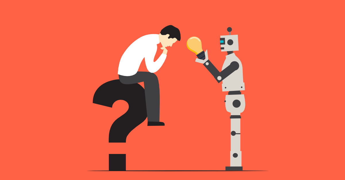 Figur auf einem Fragezeichen, davor ein humanoider Roboter mit leuchtender Glühbirne Figur auf einem Fragezeichen, davor ein humanoider Roboter mit leuchtender Glühbirne