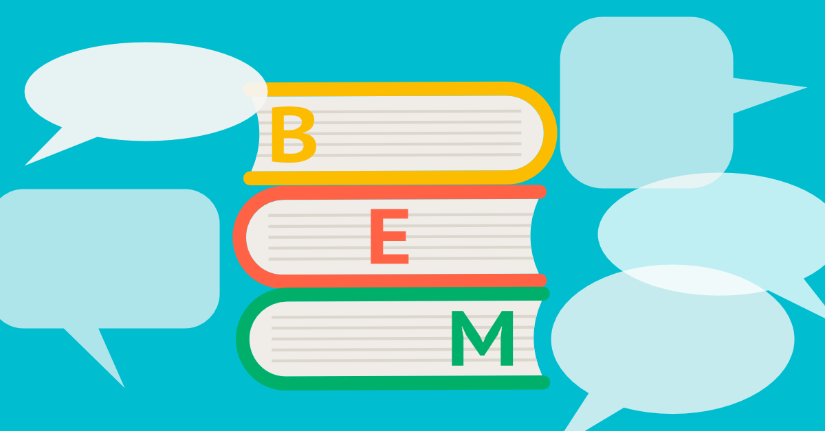 Farbenfrohe Grafik von Büchern und Sprechblasen mit den Buchstaben BEM