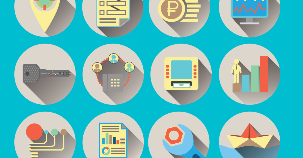 Verschiedene Kompetenz-Symbolbilder, wie beispielsweise Schraubschlüssel, Computercharts und Schaltkreise