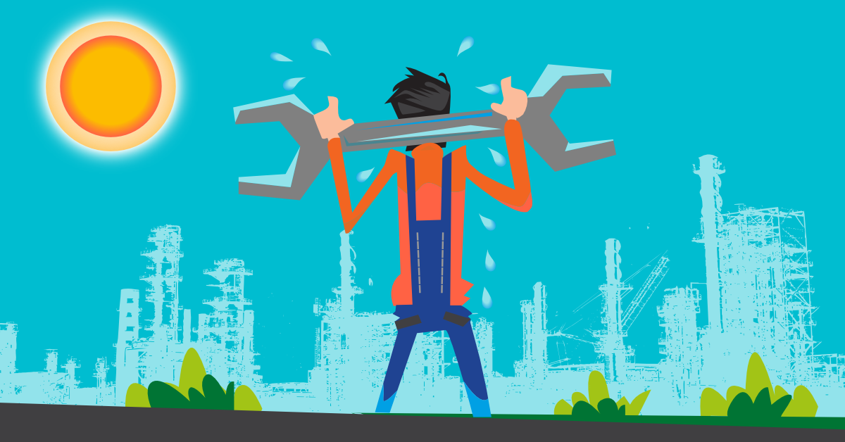 Mensch von hinten im Blaumann und mit einem übergroßen Schraubschlüssel, der vor einem Industriegebiet in der Sonne steht. Schweißperlen tropfen vom Kopf.